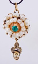 Antique Victorian 14K Gold Skull Pendant Natural Pearls Tourmaline Diamond c1850