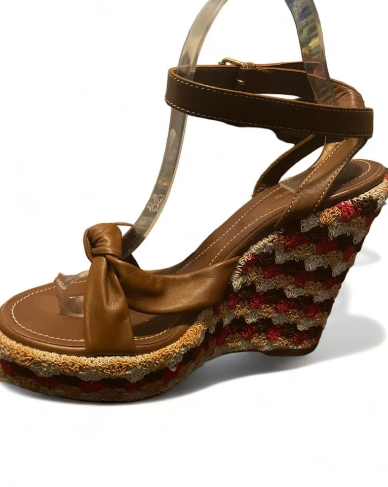 VINTAGE - Sergio Rossi Crochet and Leather Platform Wedges SZ -10 - Image 3 of 4