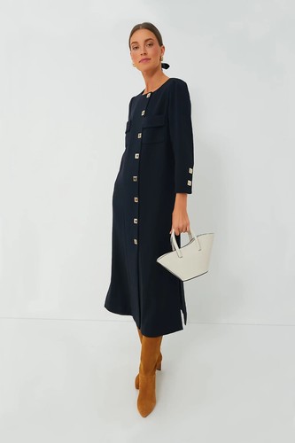 Abito midi Tuckernuck blu navy Barnett manica lunga, taglia large nuovo $298 - Foto 2 di 12