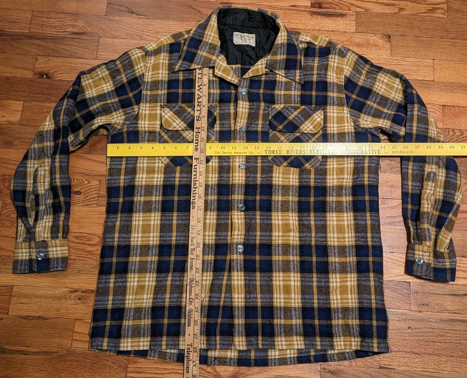 复古 JCPenney MW 法兰绒衬衫 - 男式大号 16-16 1/2 - 韩国格子黄色蓝色 — 第 3/4 张图片