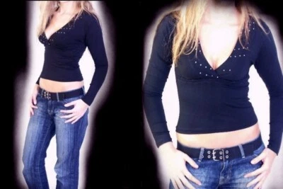 Sexy Miss Damen Girly V Top Langarm Shirt Strass Spitze Borde XS/S NEU schwarz - Bild 1 von 3