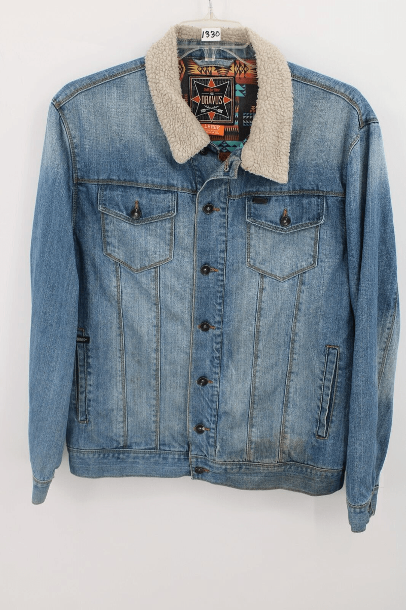 Dravus Denim Jeans Jacket Sherpa Collar Native Pattern Lining Size Large