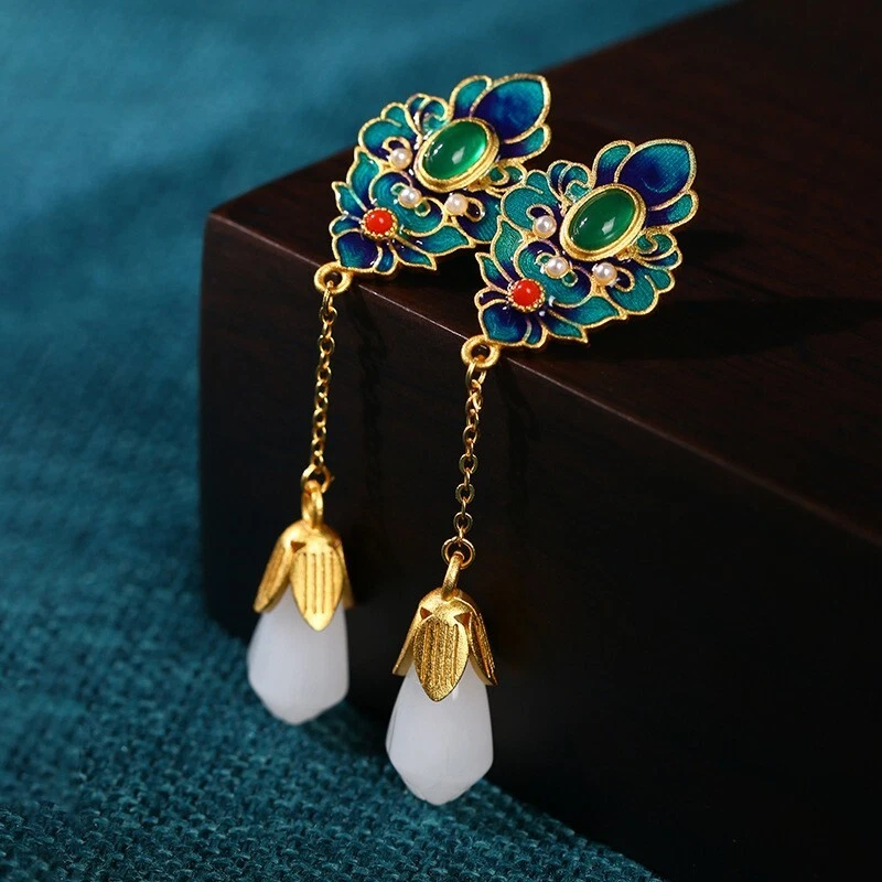 Jade Drop Dangle Earrings Bohemian Cloisonne Gemstone 18K White Gold Plated - Image 4 of 4