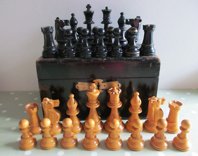 GROSSES ANTIKES GEWICHTETES HOLZSCHACHSPIEL STAUNTON MUSTER KÖNIG 104mm - KOMPLETT