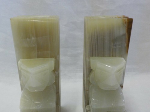 Onyx Agate Natural Stone Hand Carved Bookends Mid Century Aztec Mayan Figurines - Picture 9 of 12