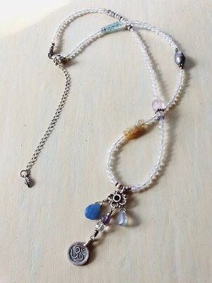 Citrine Kyanite Bali Sterling  Hill Tribe Om Silver Gemstone Beaded Necklace 11g