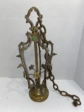 Vintage Brass Tone Hanging Pendant Light Fixture Floral Needs Repair