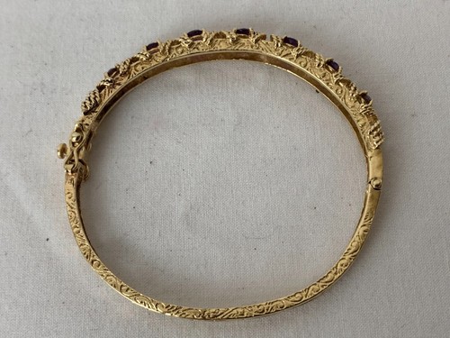 Vintage 14k Yellow Gold Filigree Engraved Cuff Bracelet & Amethyst 13.27 Grams - Picture 6 of 9