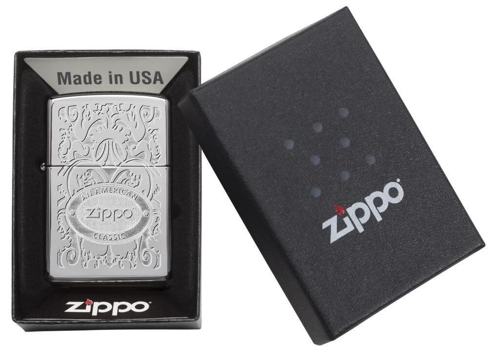 Zippo 24751, American Classic Stamped Logo Design, High Polish Chrome Lighter