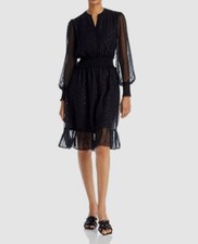 $158 T Tahari Women's Black Metallic Clip Dot Smocked Fit & Flare Dress Size L