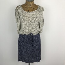 ZARA DRESS MEDIUM NAVY CREAM Polka Dot Short Shift Tied Belt Open Sleeve Summer