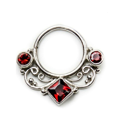 Septum Clicker Nose Ring Sterling Silver Indian Red Ruby CZ 18 Gauge 18G - Picture 3 of 3