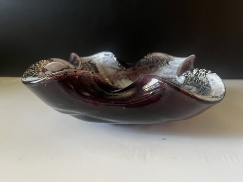 MCM Murano Art Glass Centerpiece Hand Blown Dark Purple Silver & Gold - Picture 3 of 6