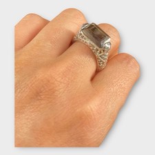 Vtg Emerald-Cut Smoky Quartz Sterling Silver Pierced Ring Size 9