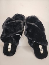 BP Mae Cross Strap Fuzzy Faux Fur Slippers Black Size XL 11/12 Cozy Slip On NEW
