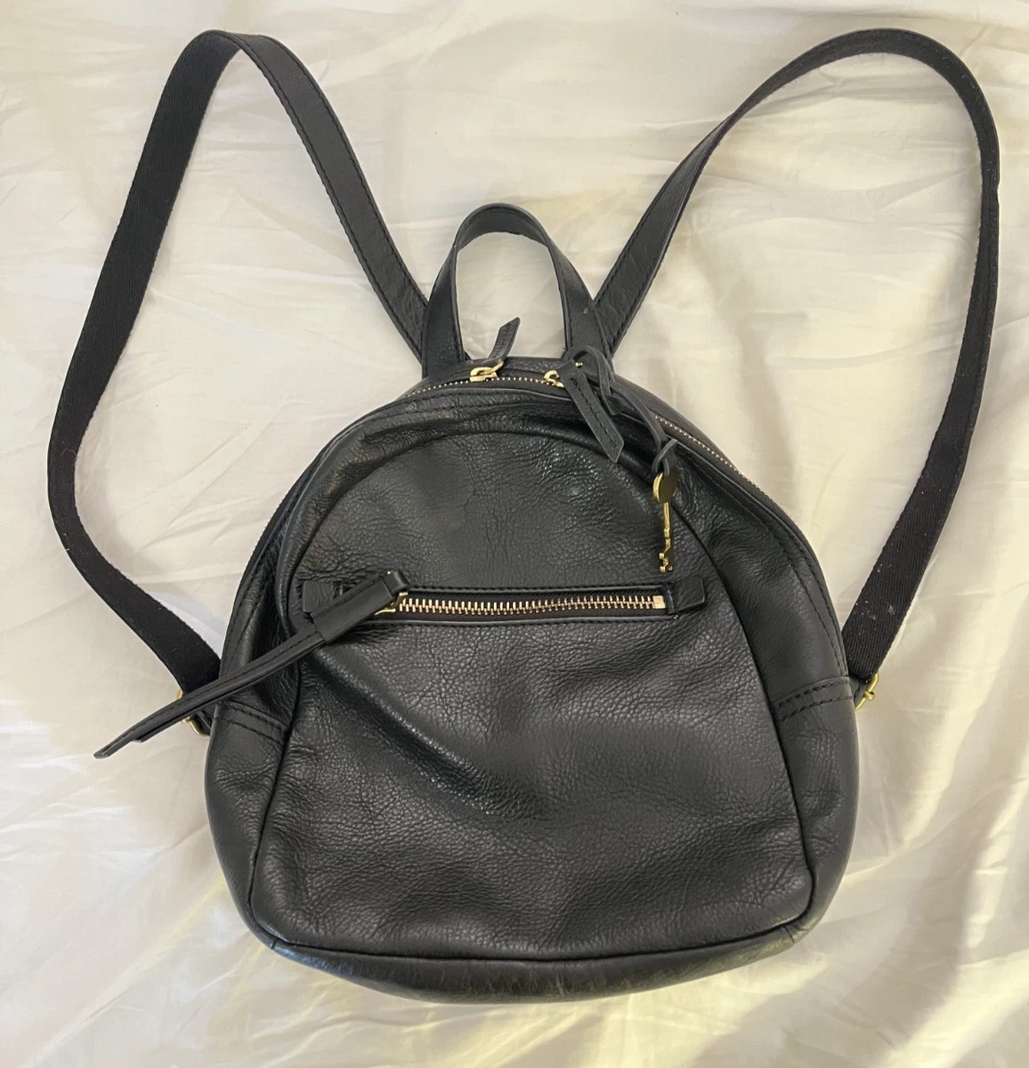 Fossil Black Leather Small Backpack Purse Contrast Stitch Brass Hardware Bag Fossil Backpack Black Leather Handbag Small Vintage Key Fob  main image 4