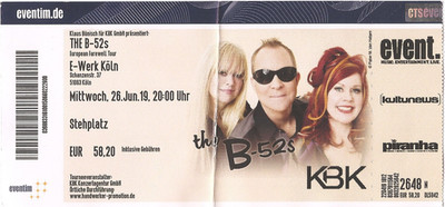 The B-52's  In Concert 2019 Köln E-Werk  Ticket / Konzertkarte / Eintrittskarte