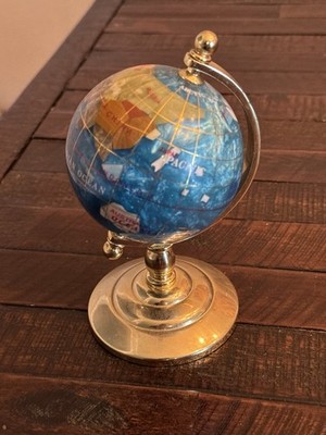 Vintage Inlaid Gemstone Globe World Map Semi Precious Stones Desktop Globe 6'' H