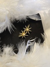  Vintage Gold Star Earrings with Imitation Pearl Center & Rhinestones, Pair