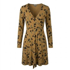 Toad & Co Womens MEDIUM Olive Green Floral Tencel Cotton Faux Wrap Dress Pockets