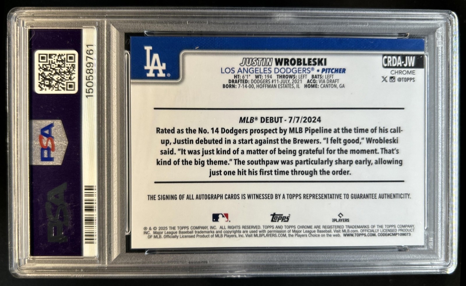 2025 Topps Chrome Update Justin Wrobleski Rookie Auto Purple Speckle #/299 PSA 9 view 2