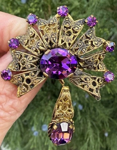 Art Deco filigree Brass purple Antique Czech Glass lavalier brooch pin jewelry