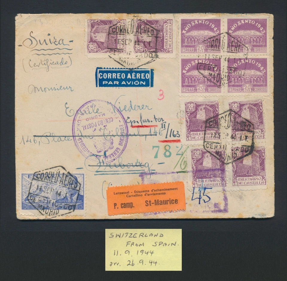 1944 SPAIN COVER TO SWITZERLAND, RARE ST. MAURICE AIRMAIL WWII, EXPORT LABEL - Image 2 of 4