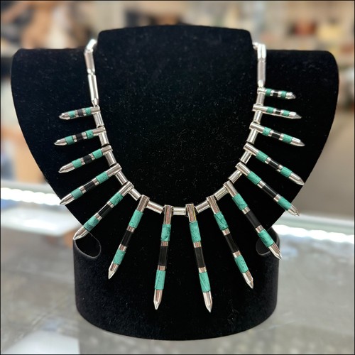 Vintage TAXCO Mexico Sterling Silver Malachite & Black Onyx Spike Necklace