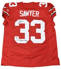 JACK SAWYER SIGNED OHIO STATE BUCKEYES #33 RED JERSEY W/ 2024 NATIONAL CHAMPS