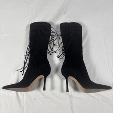 JIMMY CHOO Helaine 85 Black Suede Heeled Ankle Boots size 38 Zipper Tassels Used
