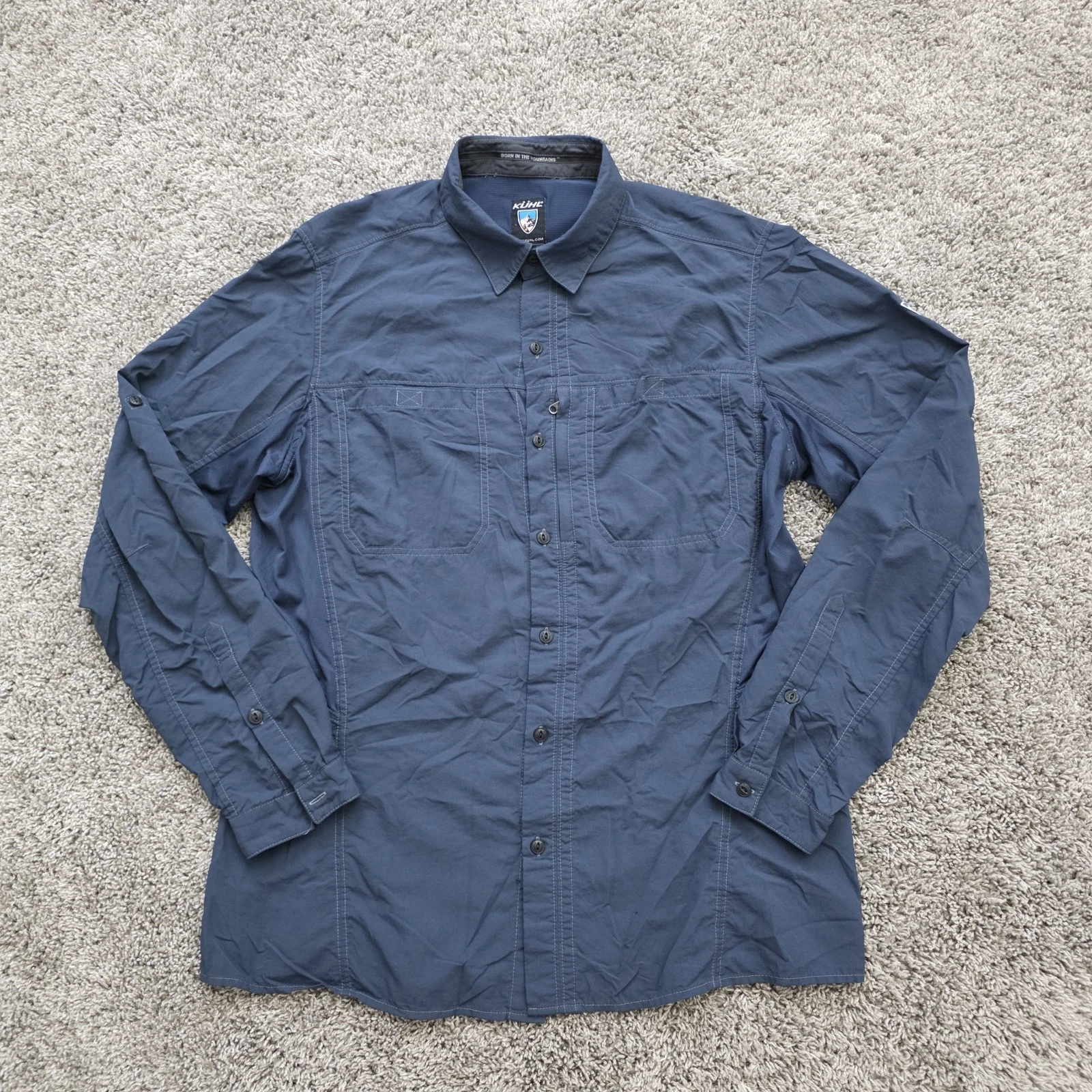 Kuhl Invoke 100% Nylon Hiking Button Shirt Men's MEDIUM M Dark Blue STRETCH