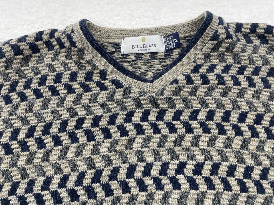 Suéter de Colección Bill Blass Cuello en V Para Hombre Mediano Azul y Tostado Grueso Años 90 Foto 2 de 4