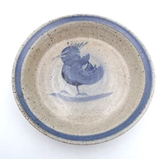 Studio Art Pottery Pie Plate Dish 9 inch Hand Painted Blue Bird Chick Stoneware