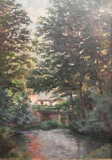 Gemälde: Mühle am Fluss, Wassermühle im Wald, Flusslandschaft Impressionist