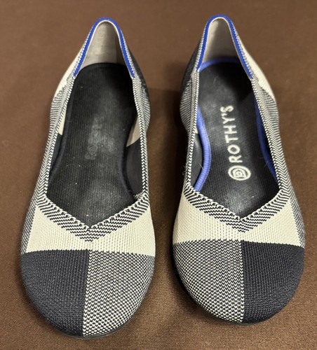 Rothy’s Flat Women Round Toe Buffalo Plaid Retired Black Gray Cream Sz 8.5 Used* - Picture 4 of 15