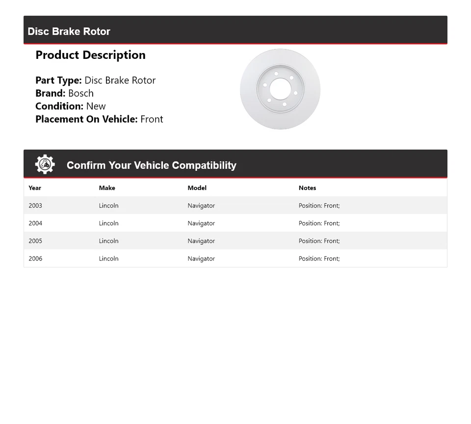 Rotor de freno de disco delantero para Lincoln Navigator Bosch QuietCast 2003-2006 2004 2005 Foto 2 de 4