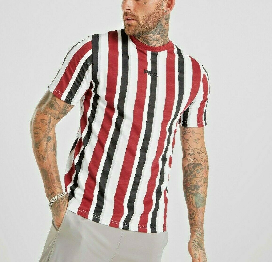 FILA New Mens JON STRIPE T Shirt BURGUNDY WHITE BLACK Size S *RRP £35*
