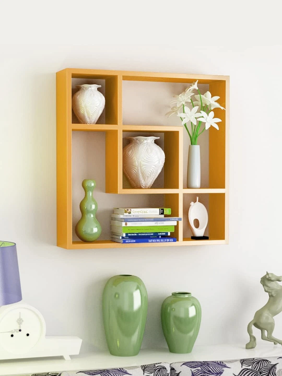 Five Section MDF Wall Shelve Display Rack for Home Kitchen Bedroom Decor Golden