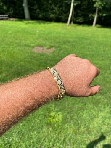 Men’s Custom 14k Gold Plated Real 925 Sterling Silver Bracelet Iced Square Link - Picture 7 of 12