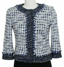 ST. JOHN Midnight Blue White Check Tweed Fringe Trim Cropped Jacket 4