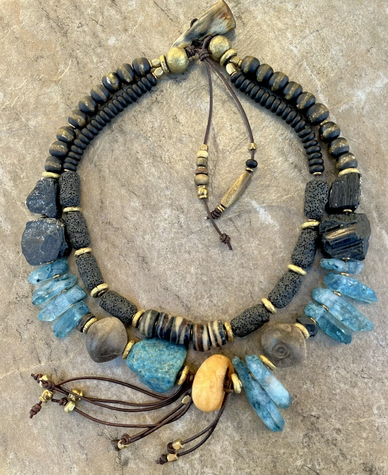 Collar Tribal Boho Asimétrico Apatita, Cuarzo, Turmalina, Ámbar Foto 2 de 4