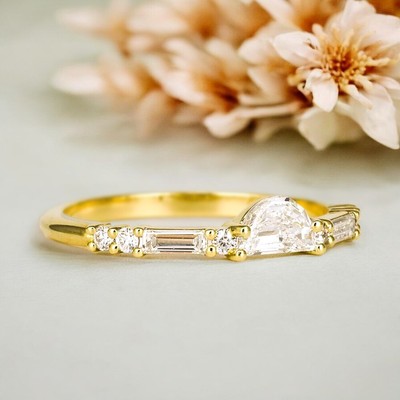 Stacking Band Half Moon 14K Yellow Gold 0.40 Ct Certified Lab Grown Diamond Ring
