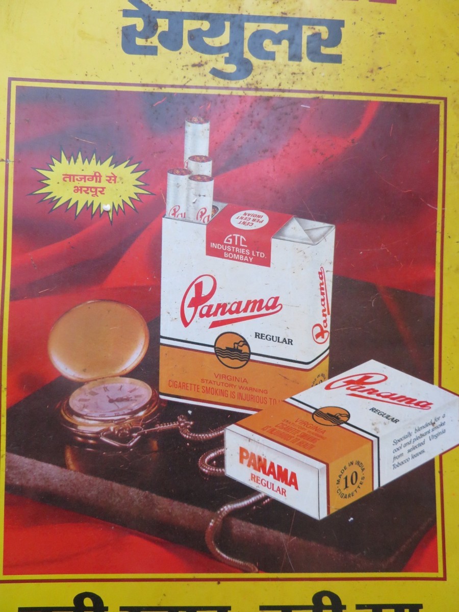 Vtg. TOBACCO TIN SIGN Board PANAMA Regular Cigarette STATUTORY WARNING  India