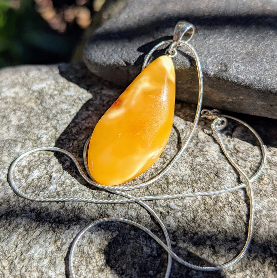 Ciondolo pietra ambra butterscotch naturale goccia pera argento sterling... - Immagine 4 di 4