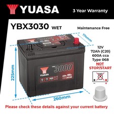 Car Battery YBX3030 Yuasa 068 600A 72Ah 3Yr Warranty 260x174x225 SMF