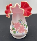 Kanawha/Fenton Glass Vase Hand Painted Flowers Ruffled Top Cadmium Glow VTG