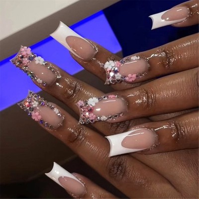 24 Pieces Press on Nail French Tip False Nail Square Artificial Nail with Flower