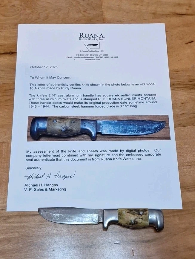 1940's RUDY RUANA 10A KNIFE SQUARE CUT RH RUANA HANDMADE BY RUDY RUANA WITH LOA - Image 2 of 4