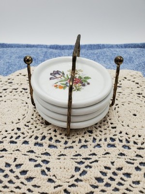 Vintage Interpur ROC Ceramic 4 Floral Coaster Set w/ Metal/Brass Holder Taiwan