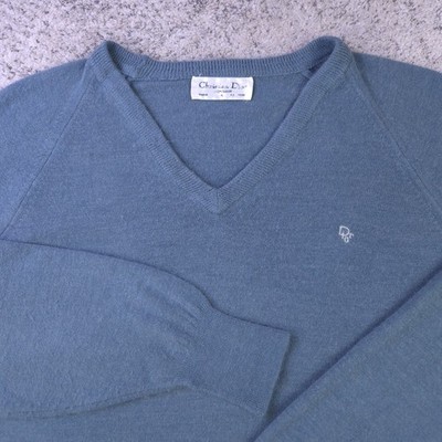 VTG Christian Dior Monsieur Sweater Mens Large Pullover V-Neck Logo Teal Green
